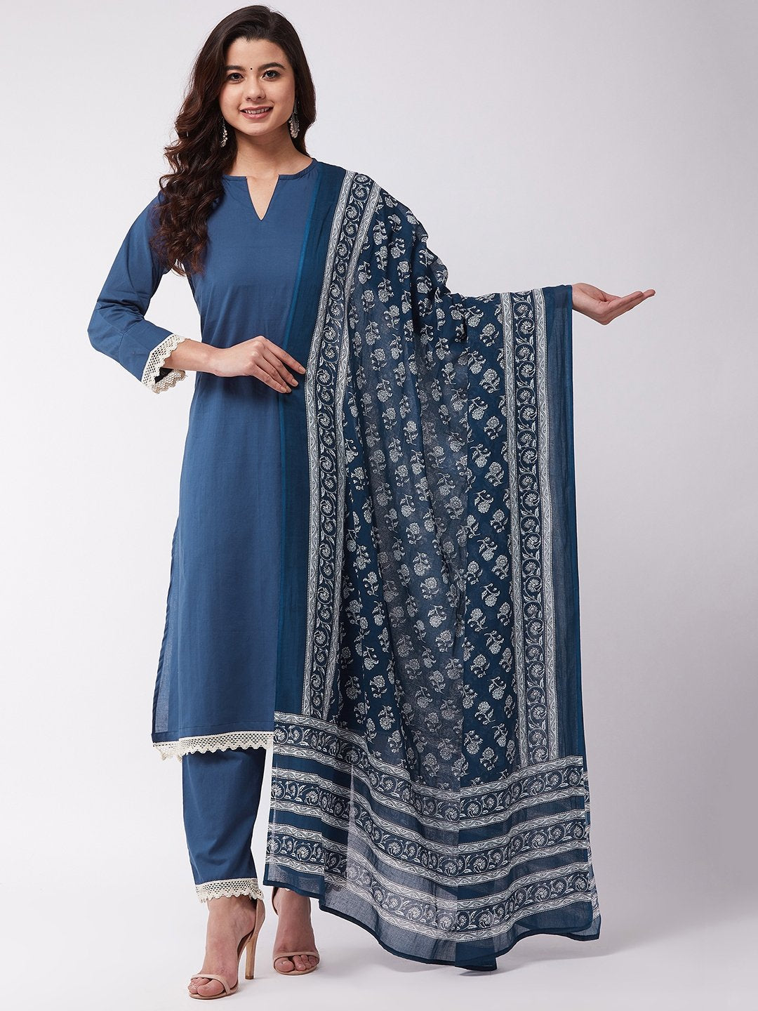 InWeave Blue Floral Cotton Dupattas | Grocsy