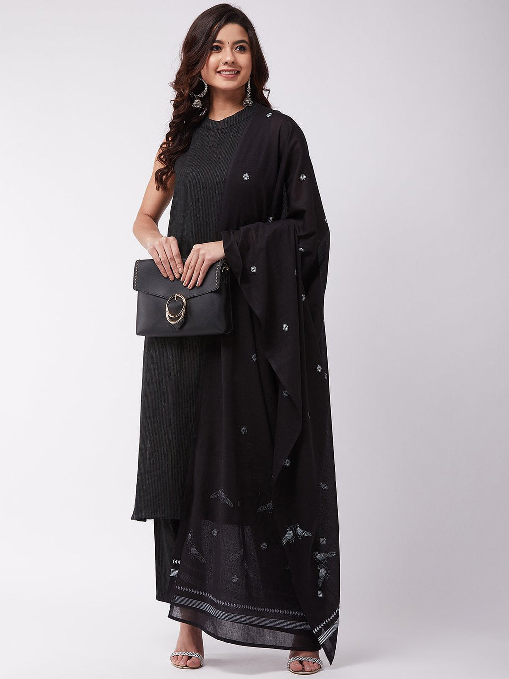 InWeave Black Bird Print Cotton Dupattas | Grocsy
