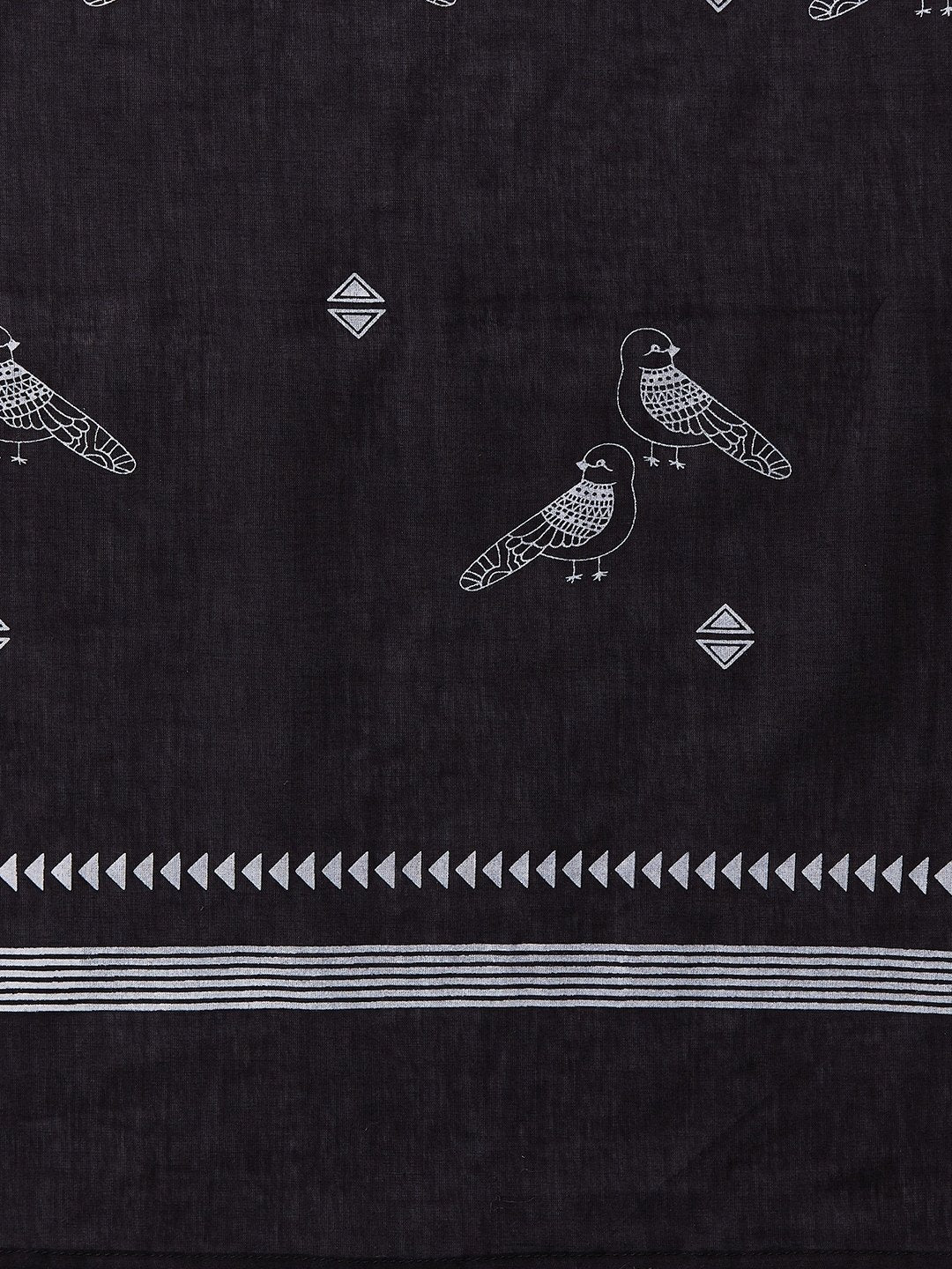 InWeave Black Bird Print Cotton Dupattas | Grocsy