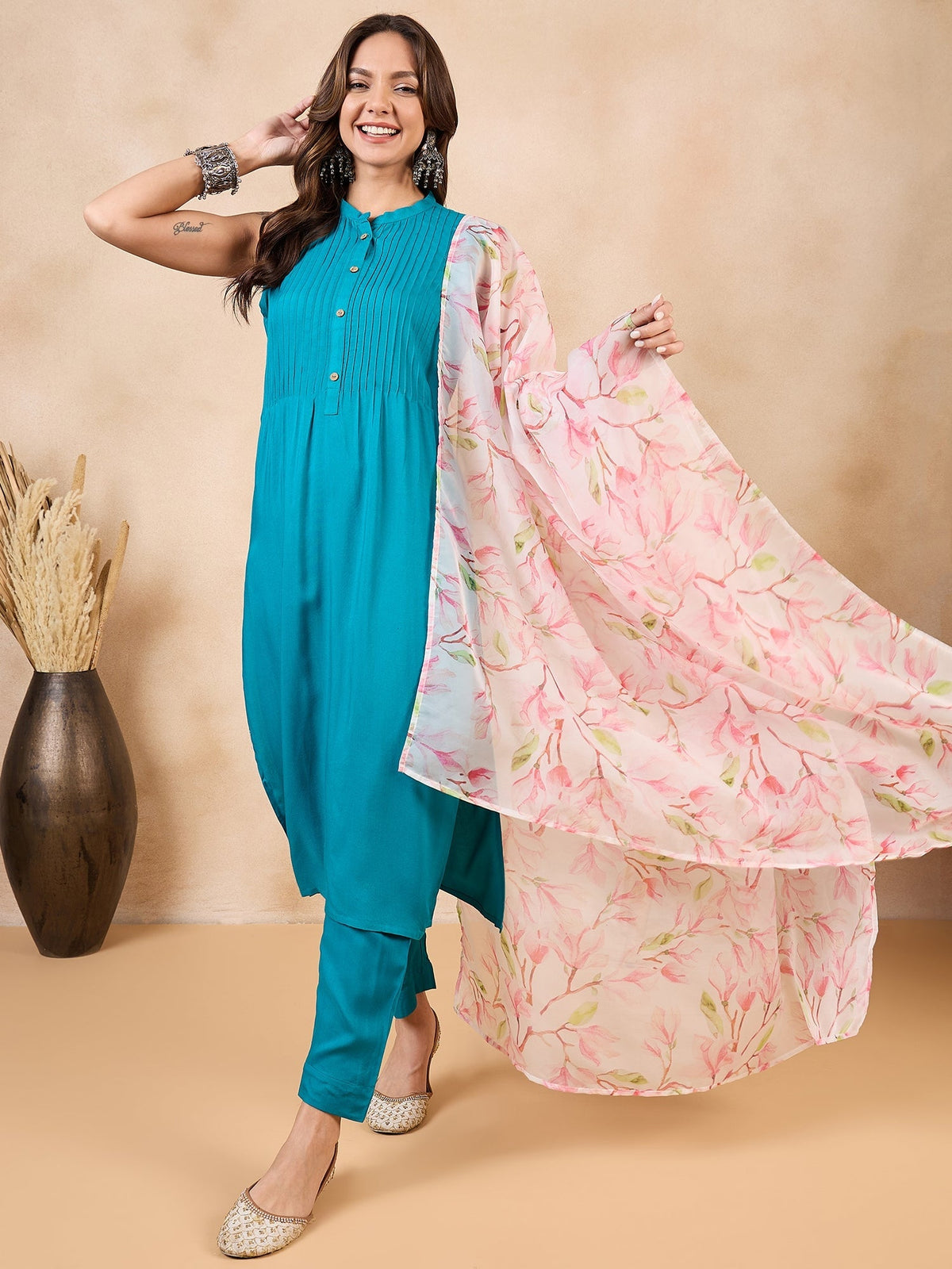 InWeave White Peach Floral Print Organza Dupatta | Grocsy