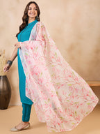 InWeave White Peach Floral Print Organza Dupatta | Grocsy