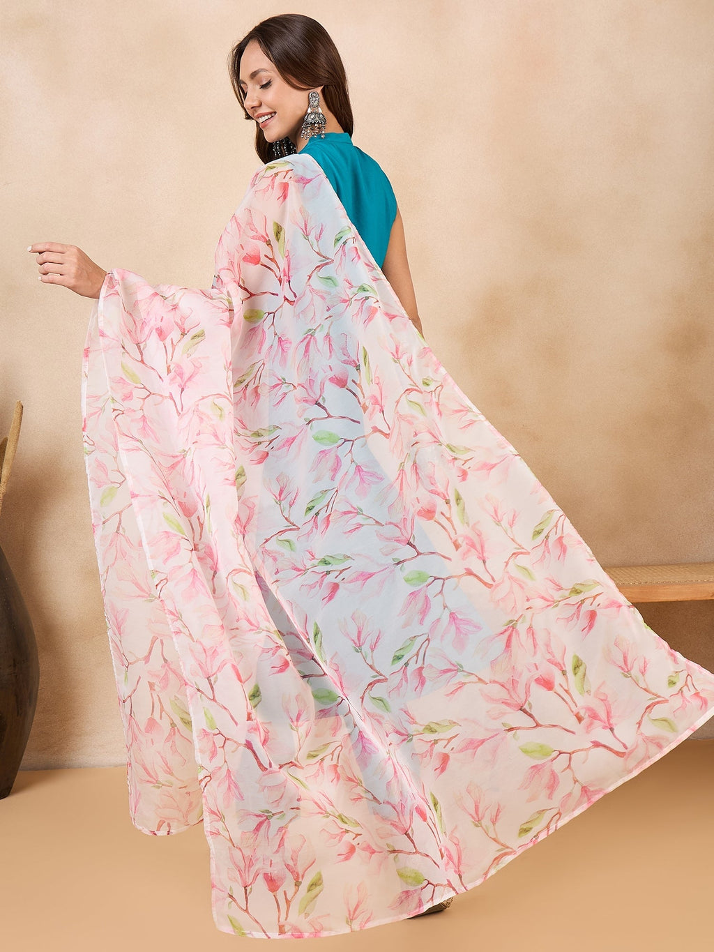 InWeave White Peach Floral Print Organza Dupatta | Grocsy