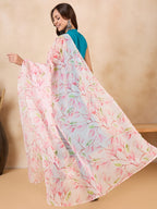 InWeave White Peach Floral Print Organza Dupatta | Grocsy