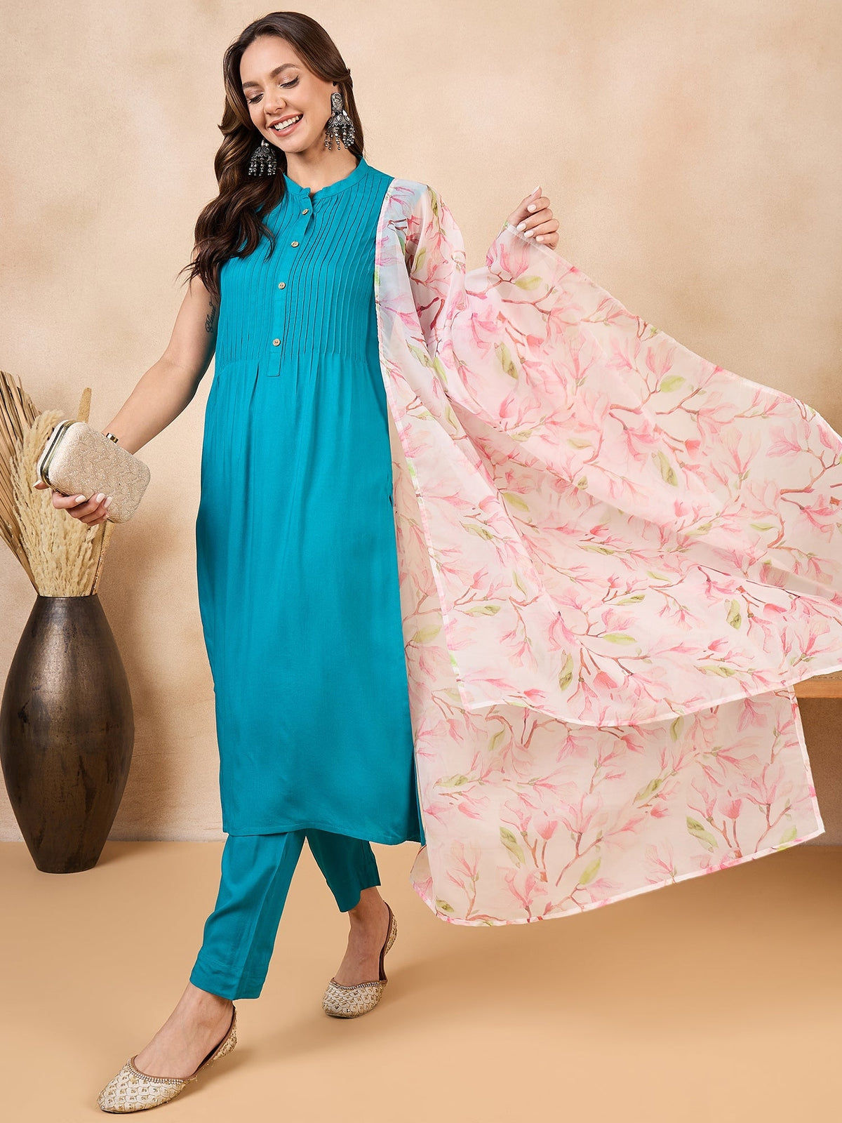 InWeave White Peach Floral Print Organza Dupatta | Grocsy