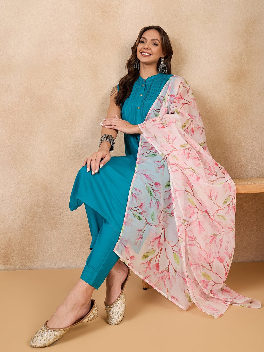 InWeave White Peach Floral Print Organza Dupatta | Grocsy