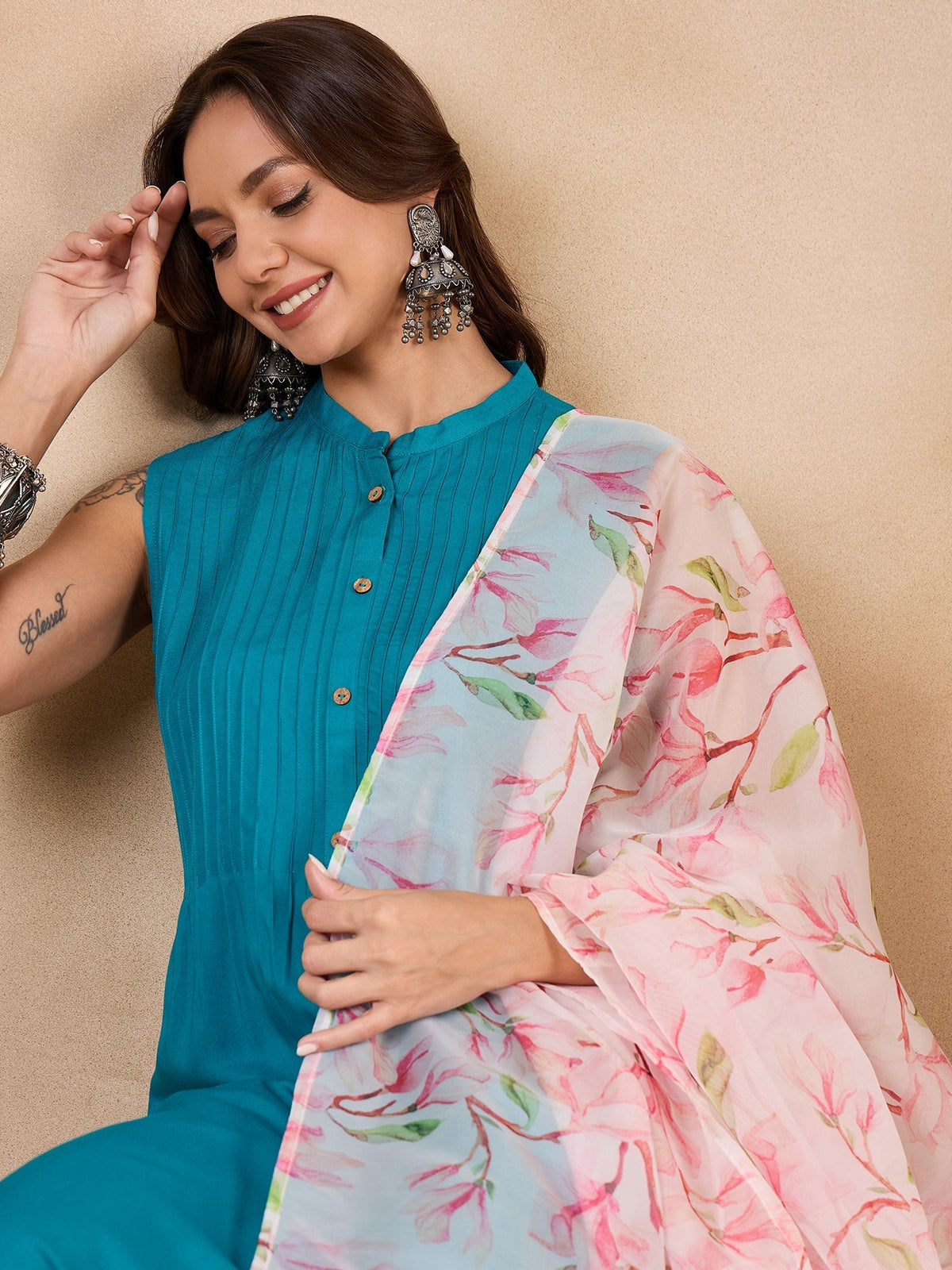 InWeave White Peach Floral Print Organza Dupatta | Grocsy