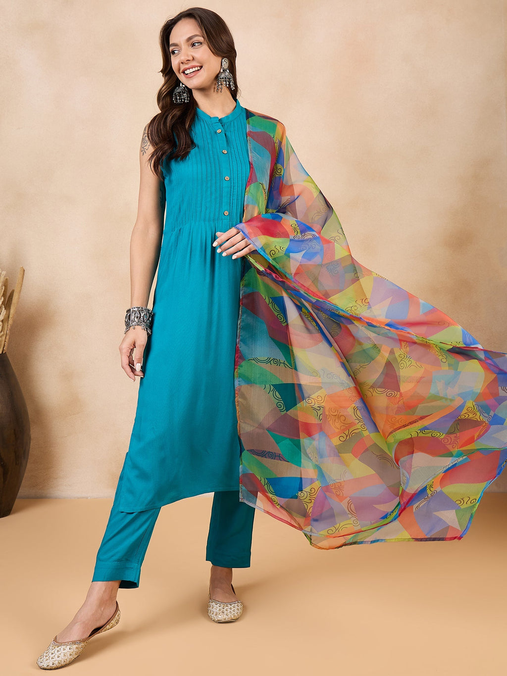 InWeave Green Big Abstract Print Organza Dupatta | Grocsy
