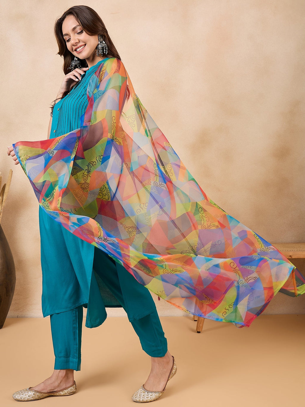 InWeave Green Big Abstract Print Organza Dupatta | Grocsy