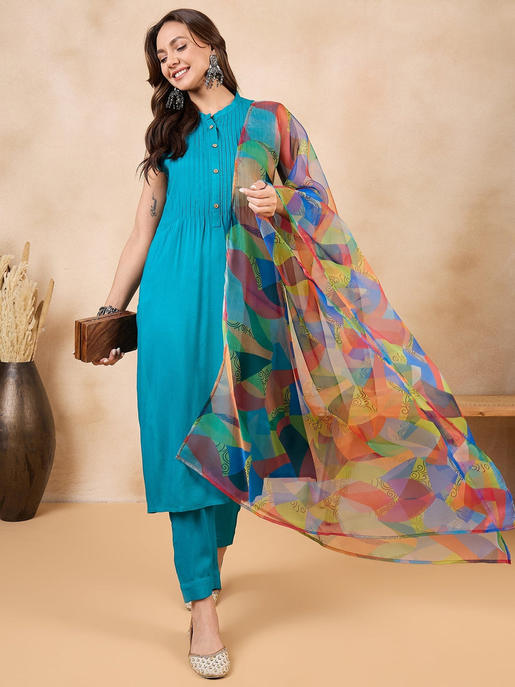 InWeave Green Big Abstract Print Organza Dupatta | Grocsy