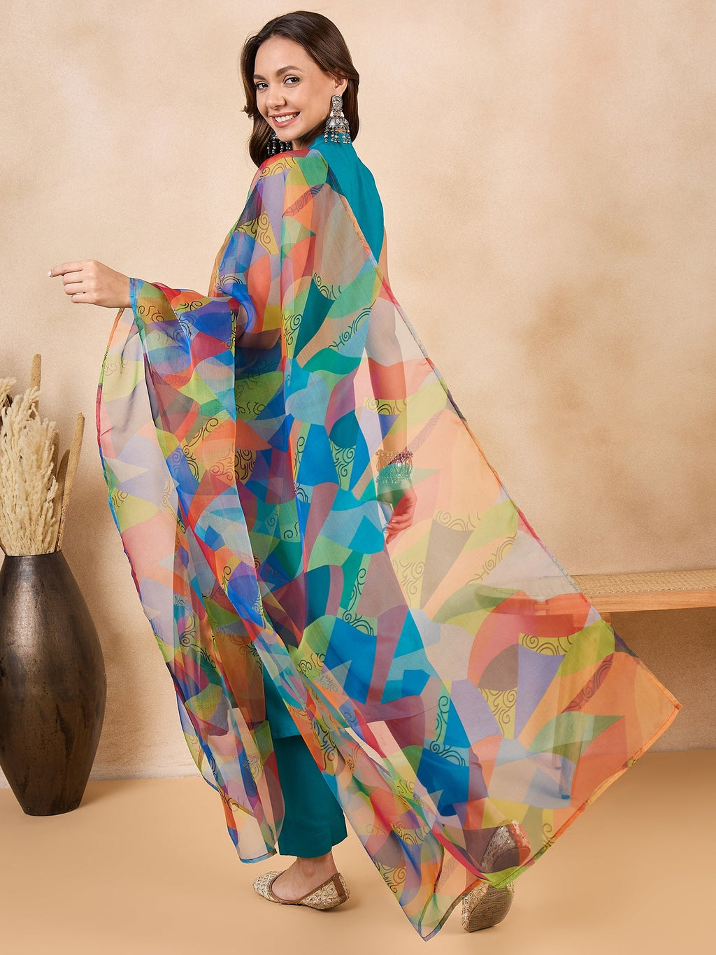 InWeave Green Big Abstract Print Organza Dupatta | Grocsy