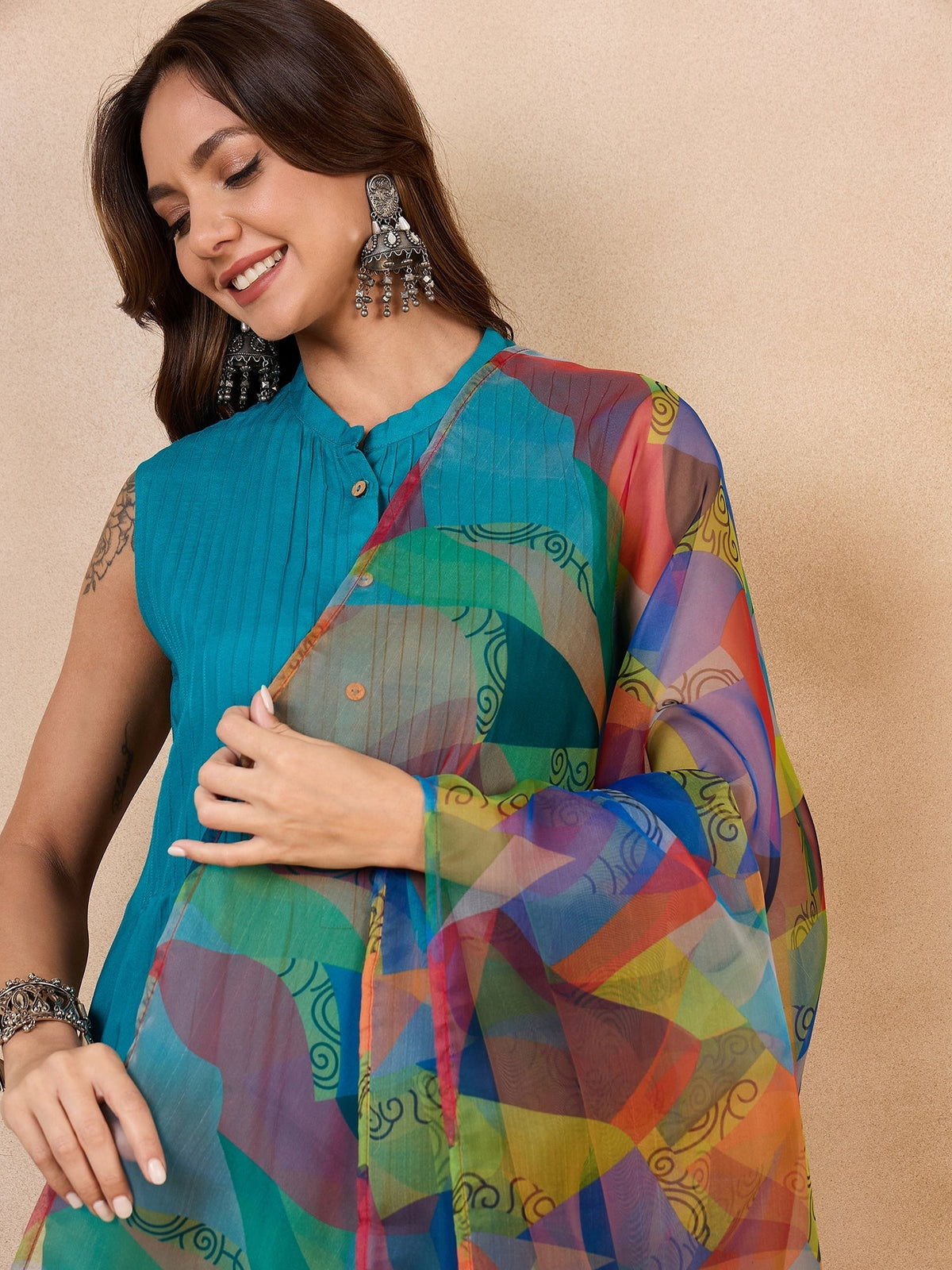 InWeave Green Big Abstract Print Organza Dupatta | Grocsy