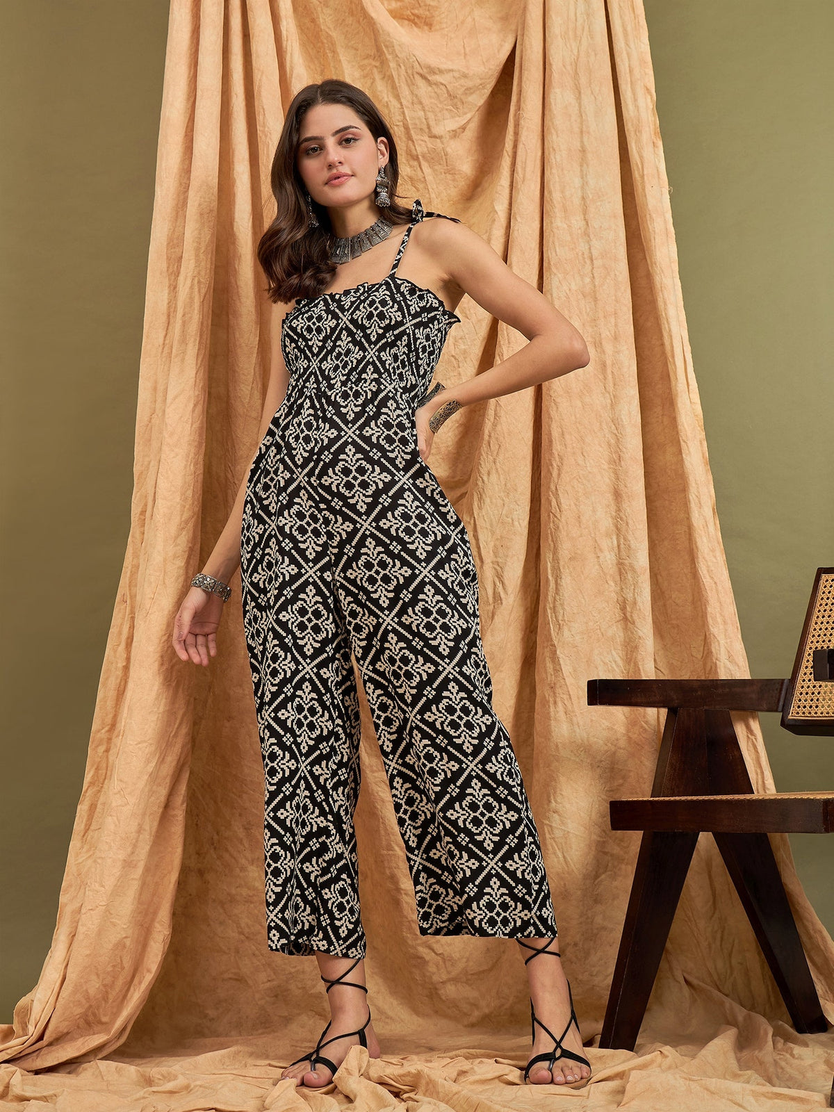 InWeave Black Damask Print Strappy Jumpsuit | Grocsy
