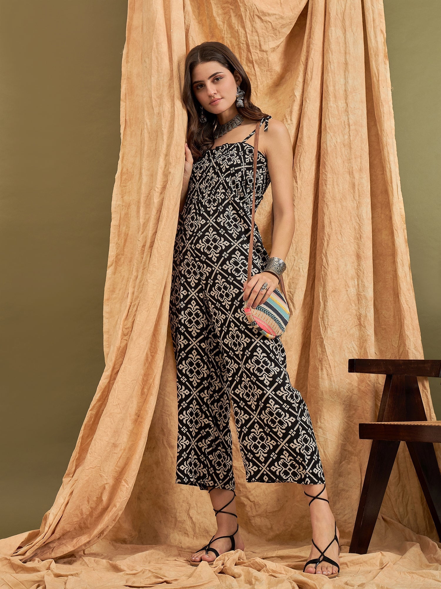 InWeave Black Damask Print Strappy Jumpsuit | Grocsy
