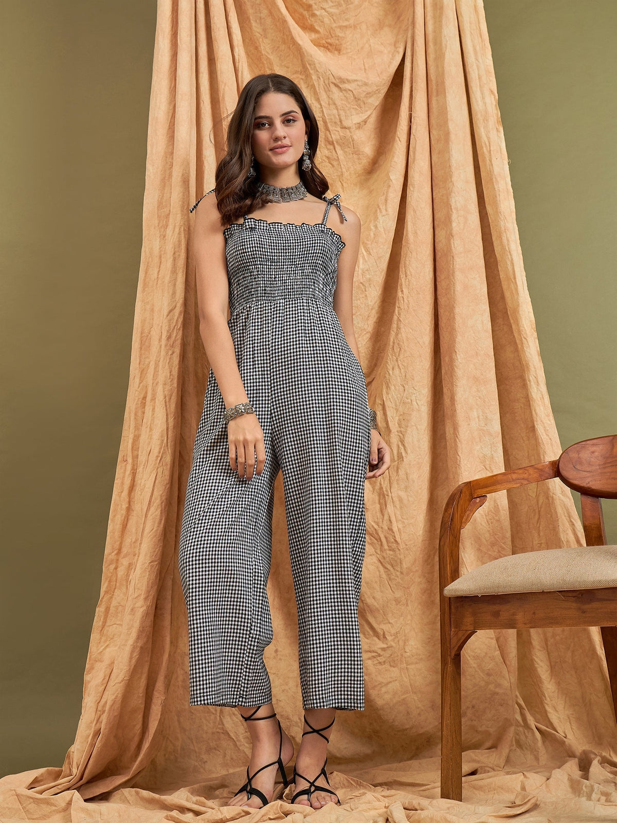 InWeave Black Small Check Strappy Jumpsuit | Grocsy