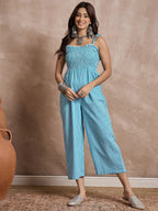 InWeave Cyan Blue Small Check Strappy Jumpsuit | Grocsy