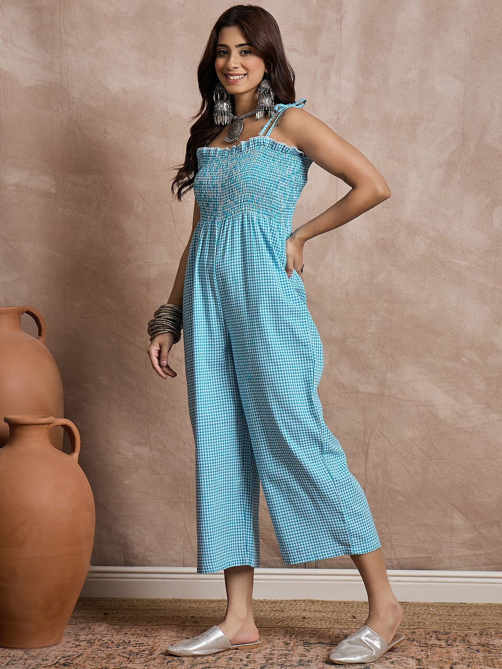 InWeave Cyan Blue Small Check Strappy Jumpsuit | Grocsy