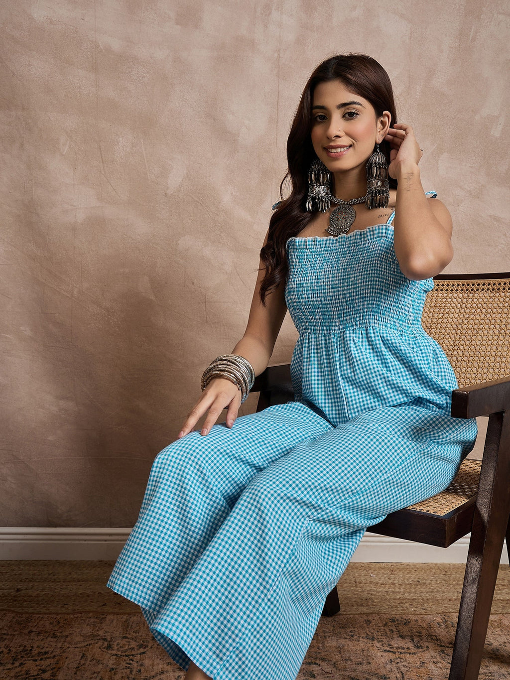 InWeave Cyan Blue Small Check Strappy Jumpsuit | Grocsy