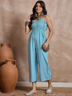 InWeave Cyan Blue Small Check Strappy Jumpsuit | Grocsy