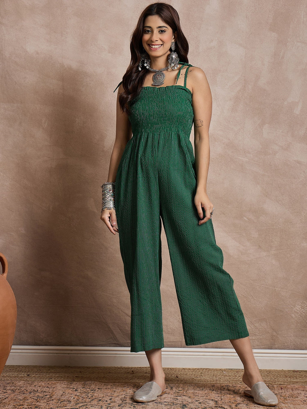 InWeave Green Kantha Strappy Jumpsuit | Grocsy