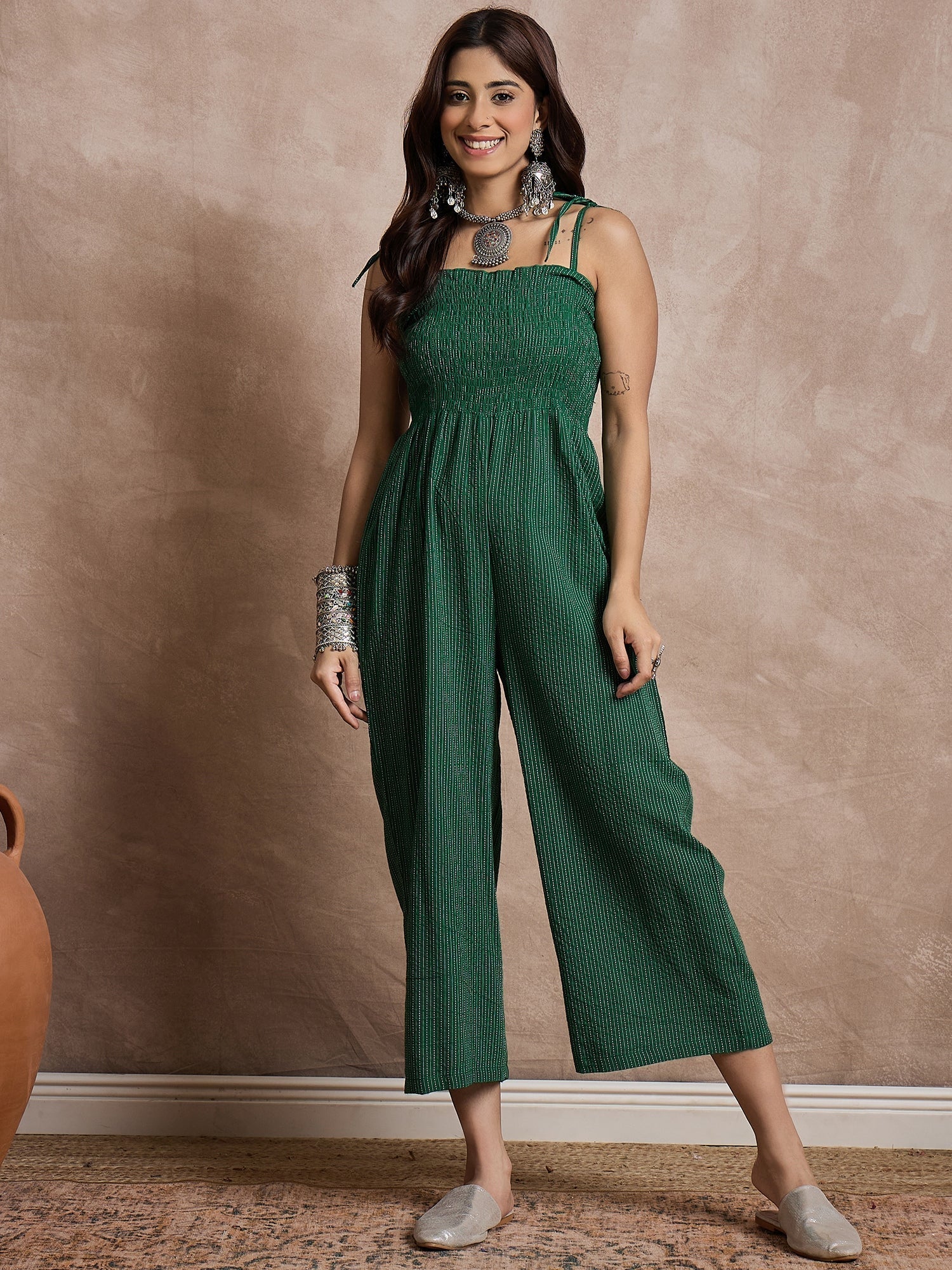 InWeave Green Kantha Strappy Jumpsuit | Grocsy