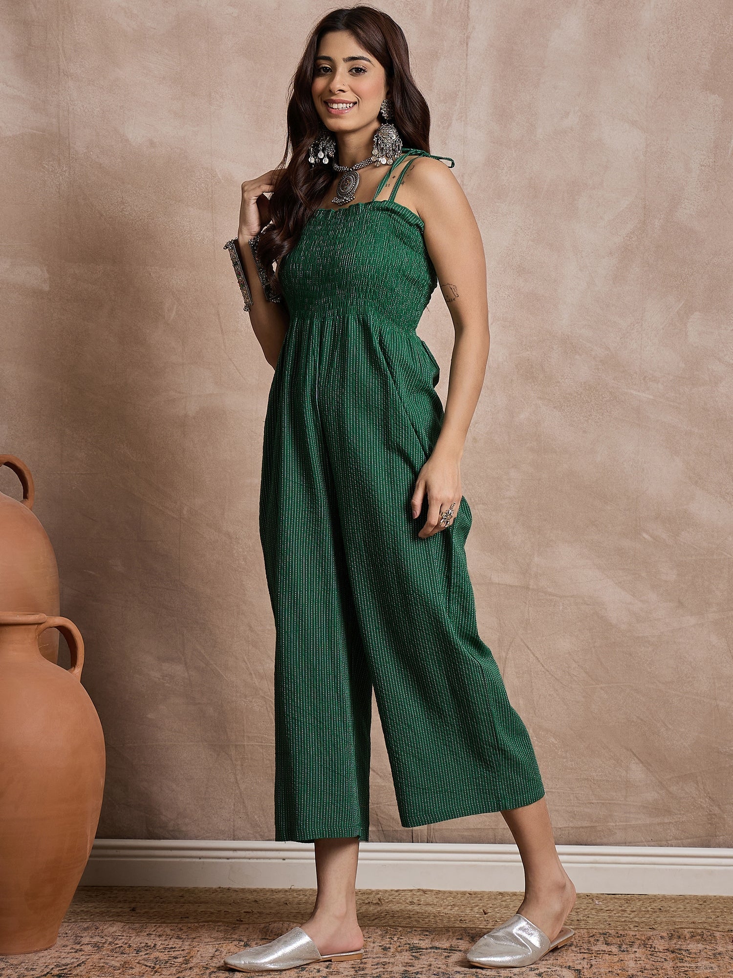 InWeave Green Kantha Strappy Jumpsuit | Grocsy