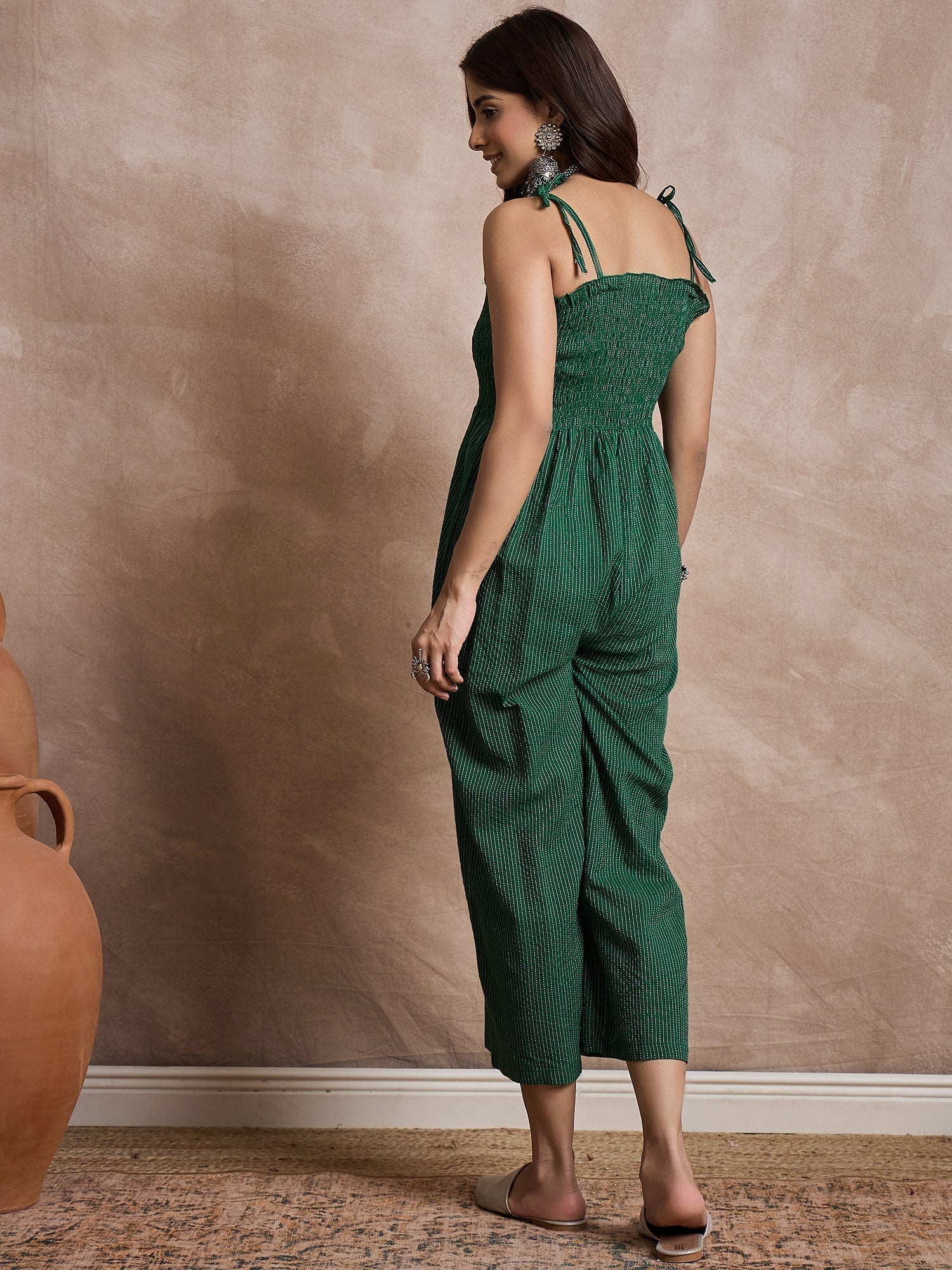 InWeave Green Kantha Strappy Jumpsuit | Grocsy