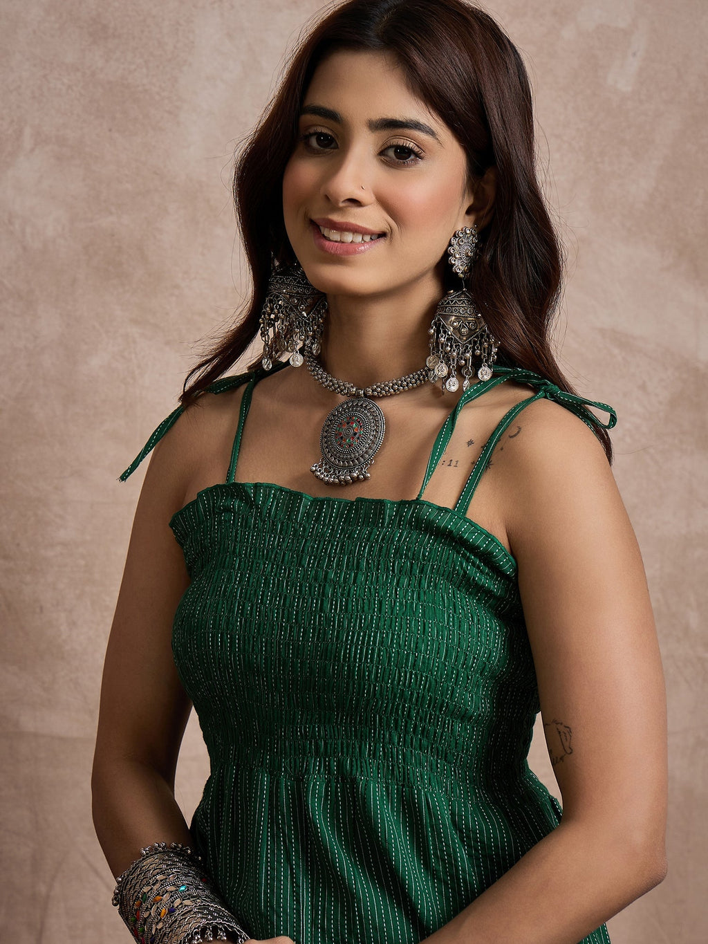 InWeave Green Kantha Strappy Jumpsuit | Grocsy