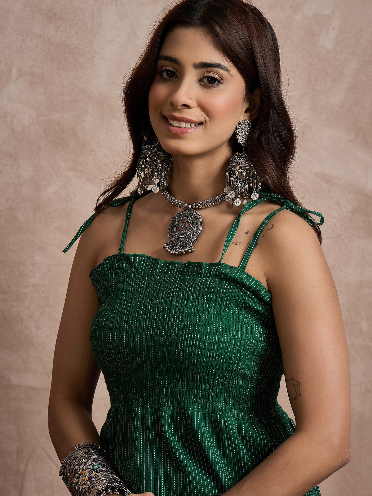 InWeave Green Kantha Strappy Jumpsuit | Grocsy