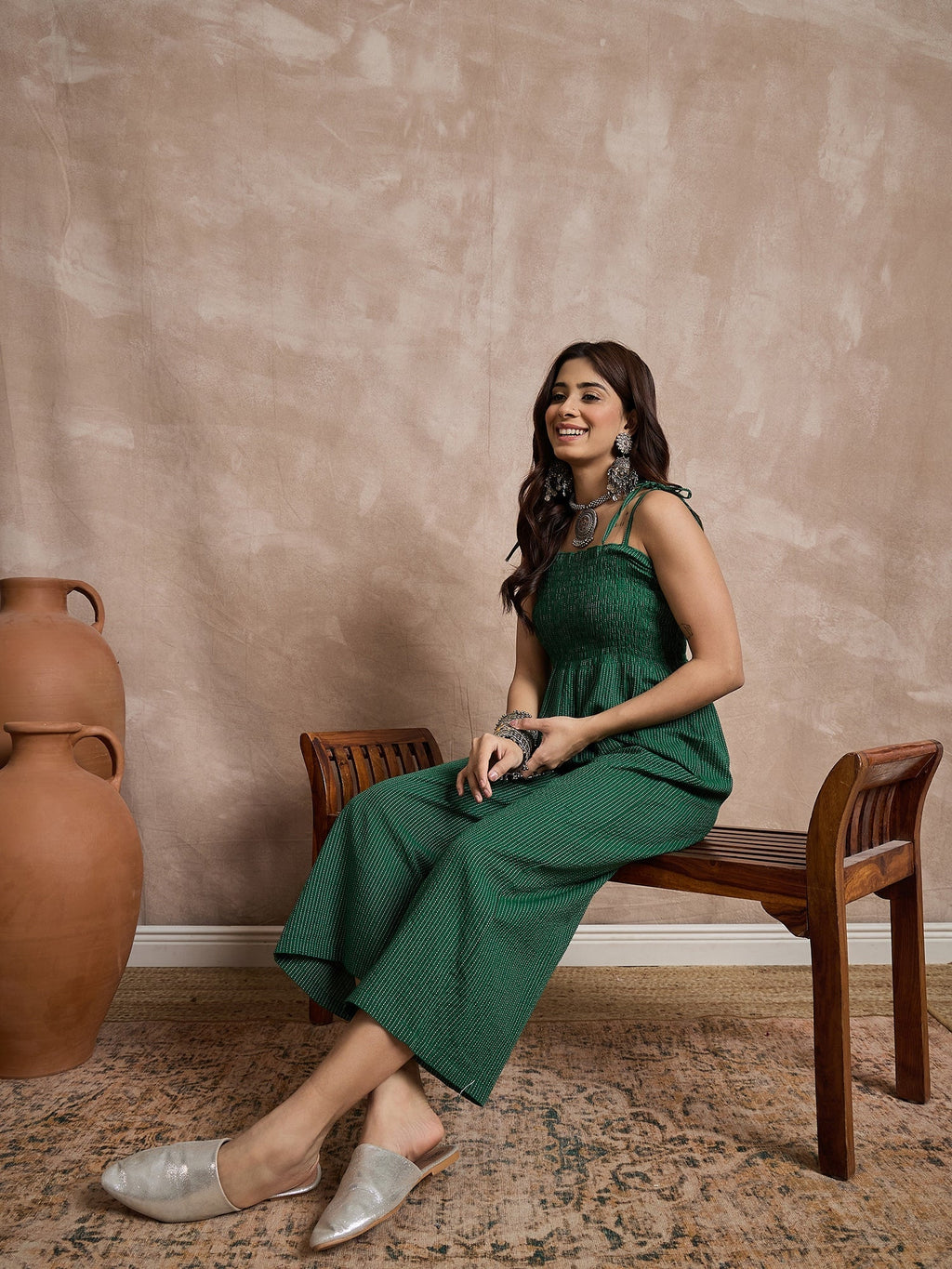 InWeave Green Kantha Strappy Jumpsuit | Grocsy