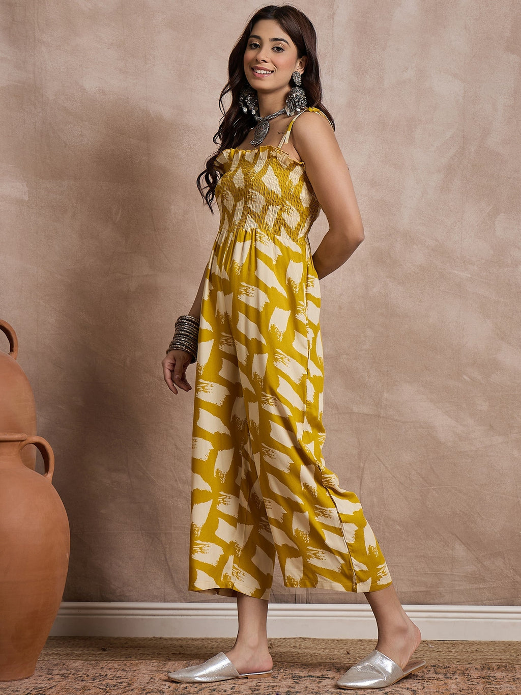 InWeave Honey Yellow Beige Strappy Jumpsuit | Grocsy