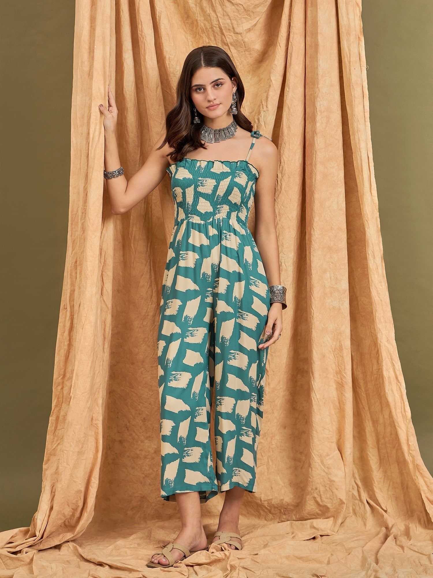 InWeave Marin Teal Beige Strappy Jumpsuit | Grocsy