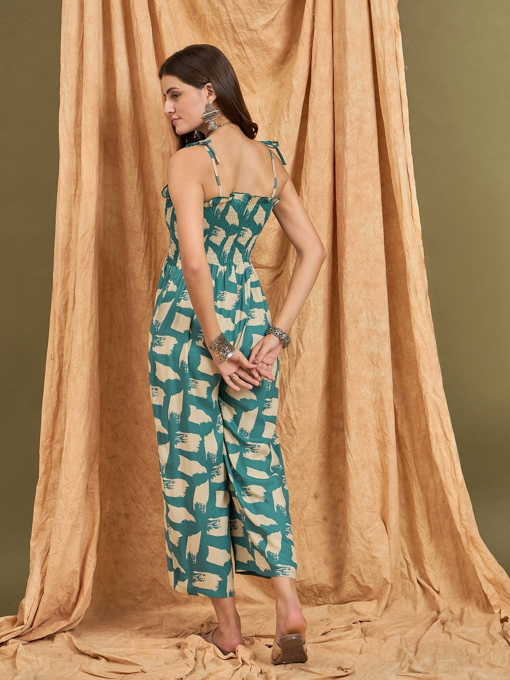 InWeave Marin Teal Beige Strappy Jumpsuit | Grocsy