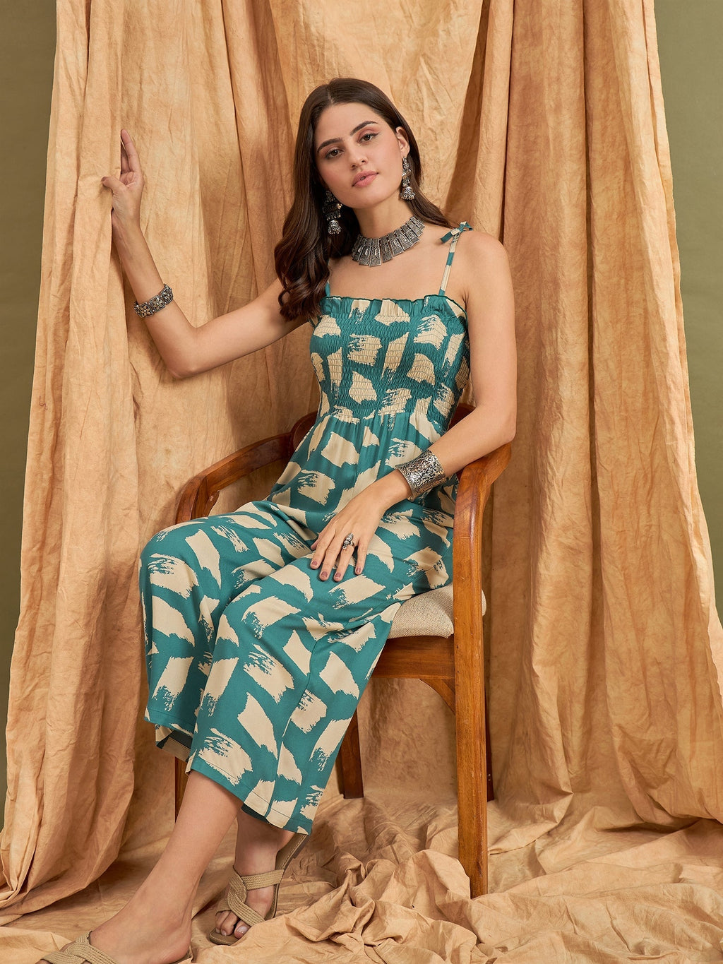 InWeave Marin Teal Beige Strappy Jumpsuit | Grocsy