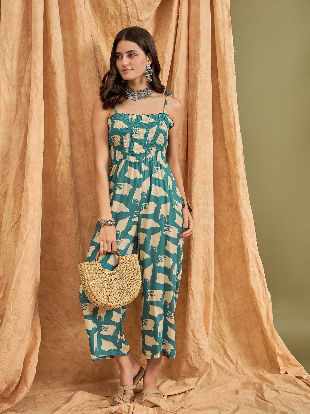 InWeave Marin Teal Beige Strappy Jumpsuit | Grocsy