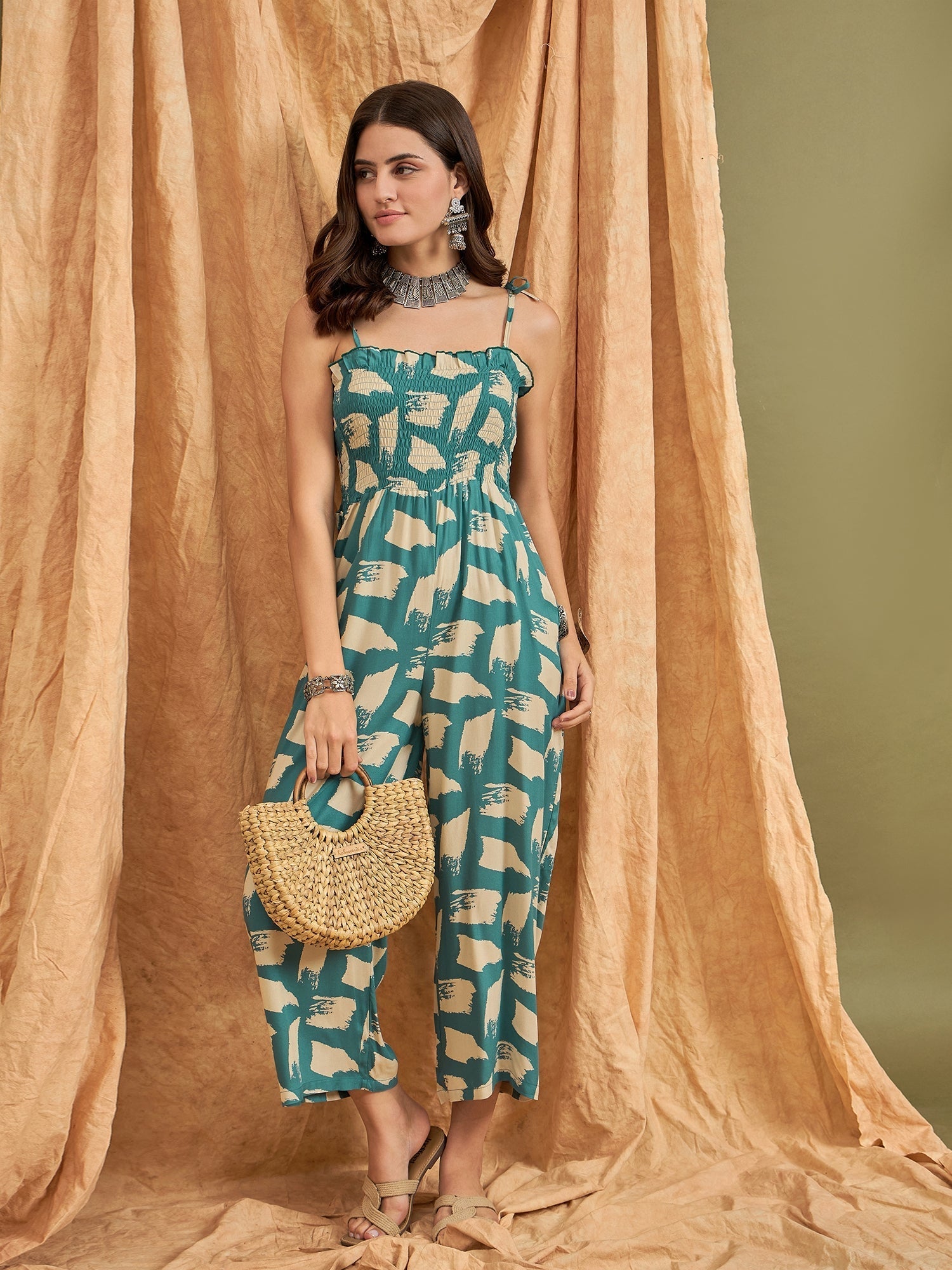 InWeave Marin Teal Beige Strappy Jumpsuit | Grocsy