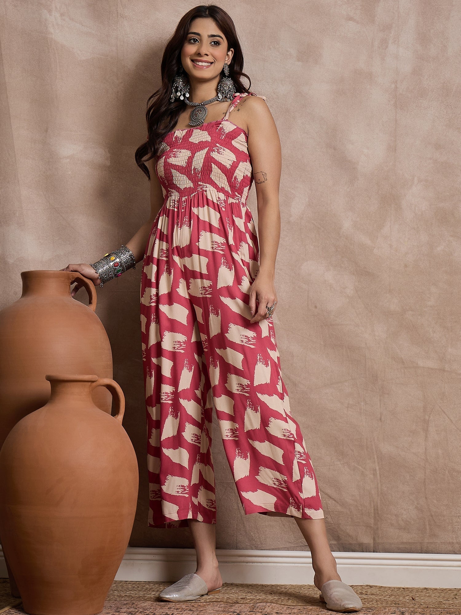 InWeave Punch Pink Beige Strappy Jumpsuit | Grocsy