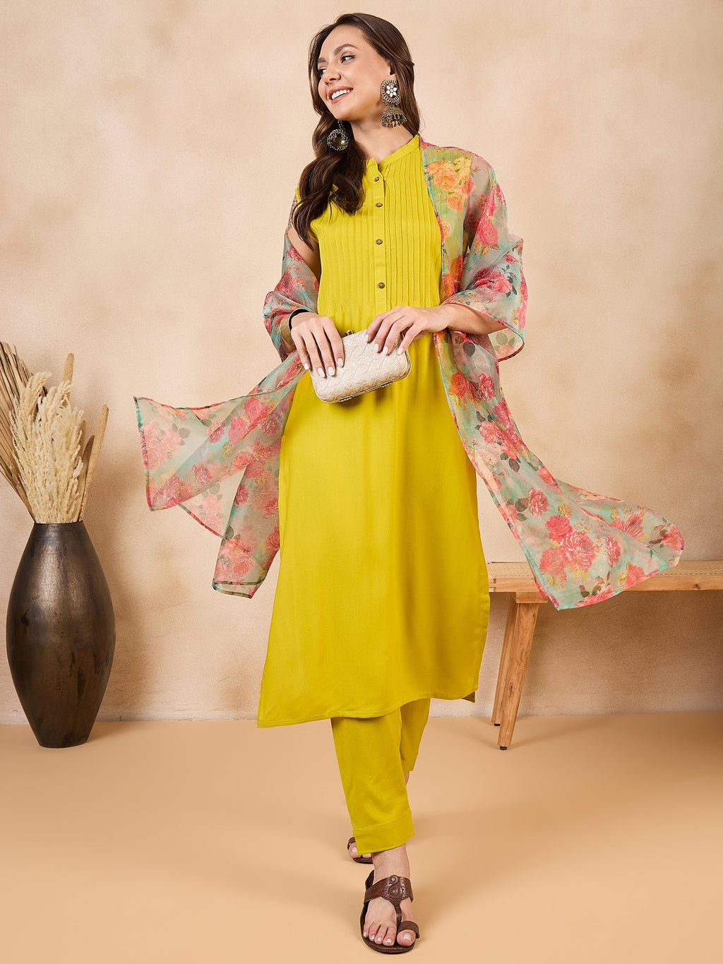 InWeave Pear Green Pink Floral Organza Dupatta | Grocsy