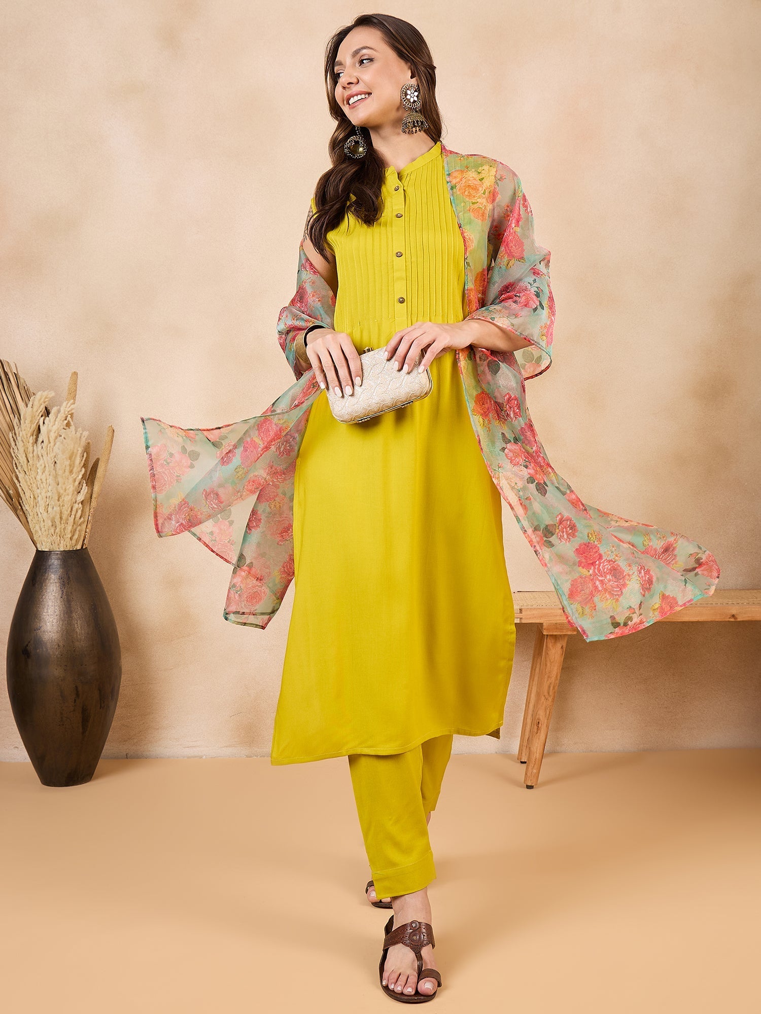 InWeave Pear Green Pink Floral Organza Dupatta | Grocsy
