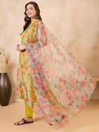 InWeave Pear Green Pink Floral Organza Dupatta | Grocsy