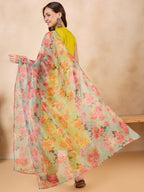 InWeave Pear Green Pink Floral Organza Dupatta | Grocsy