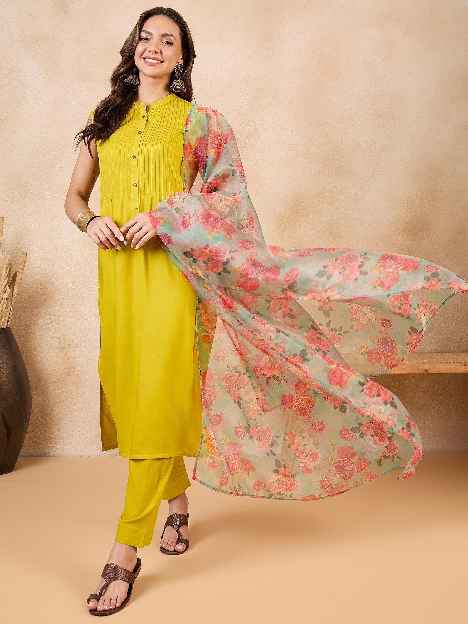 InWeave Pear Green Pink Floral Organza Dupatta | Grocsy
