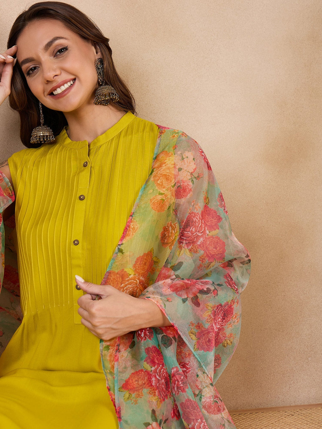 InWeave Pear Green Pink Floral Organza Dupatta | Grocsy
