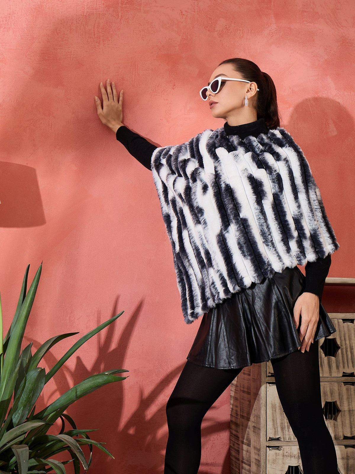 InWeave Black White Dye Rabbit Faux Fur Poncho | Grocsy