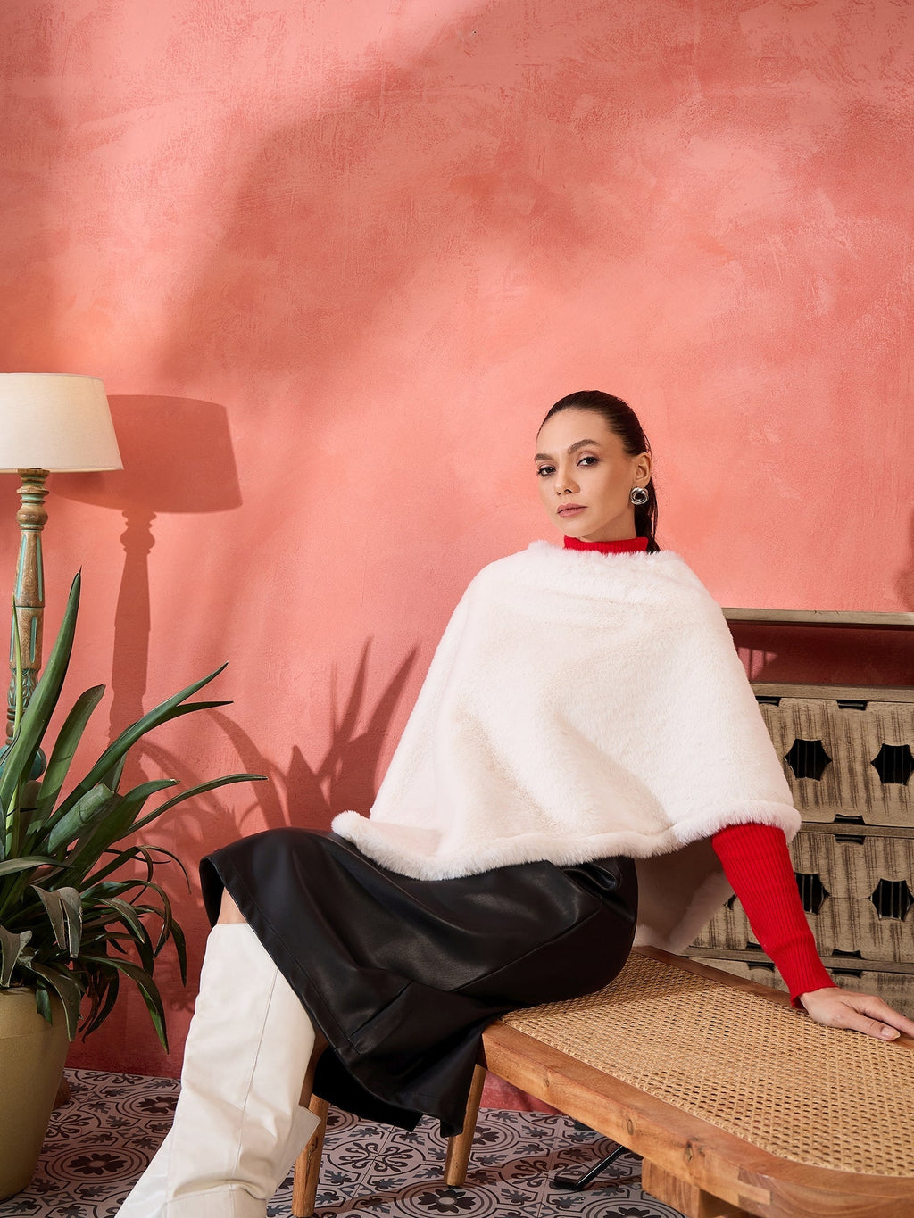 InWeave Cream Rabbit Faux Fur Poncho | Grocsy