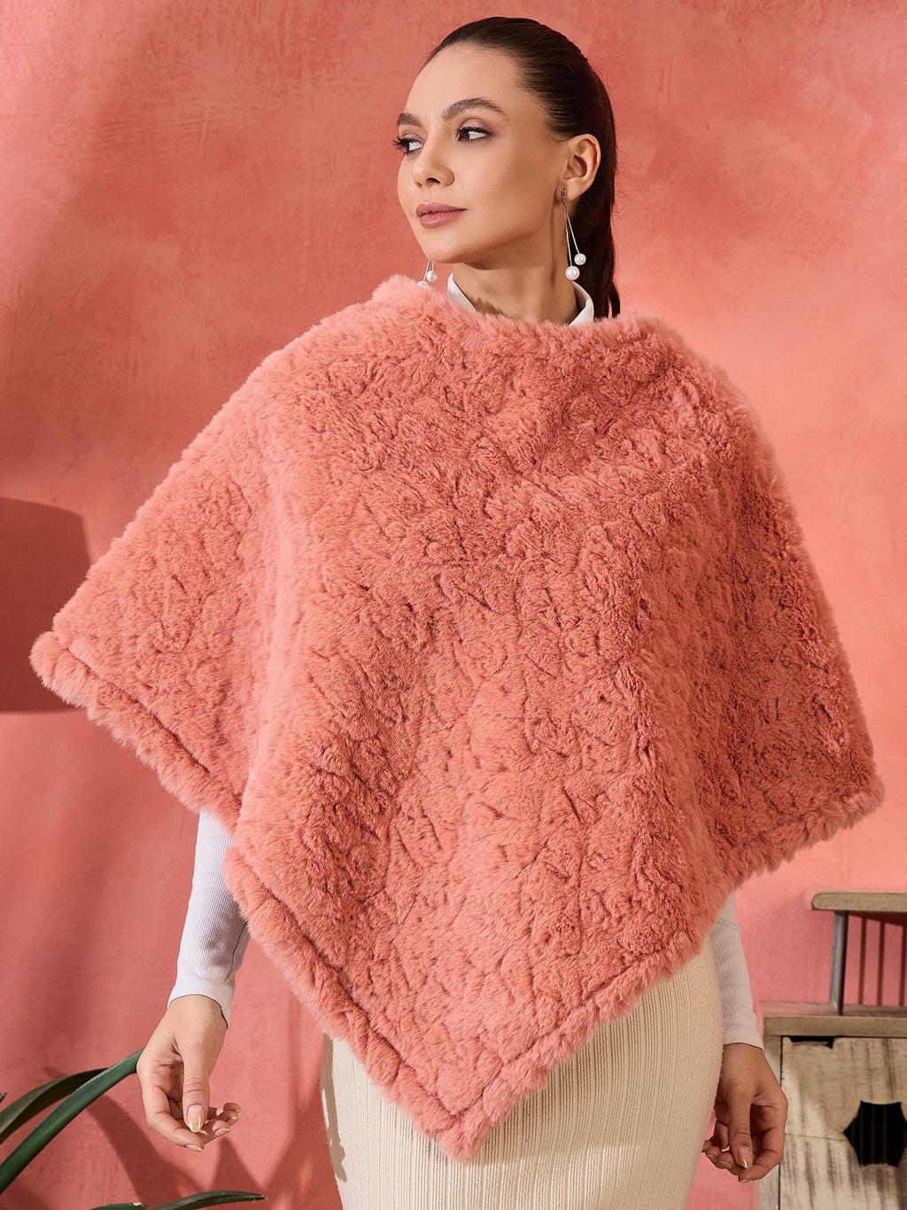 InWeave Coral Rabbit Faux Fur Poncho | Grocsy