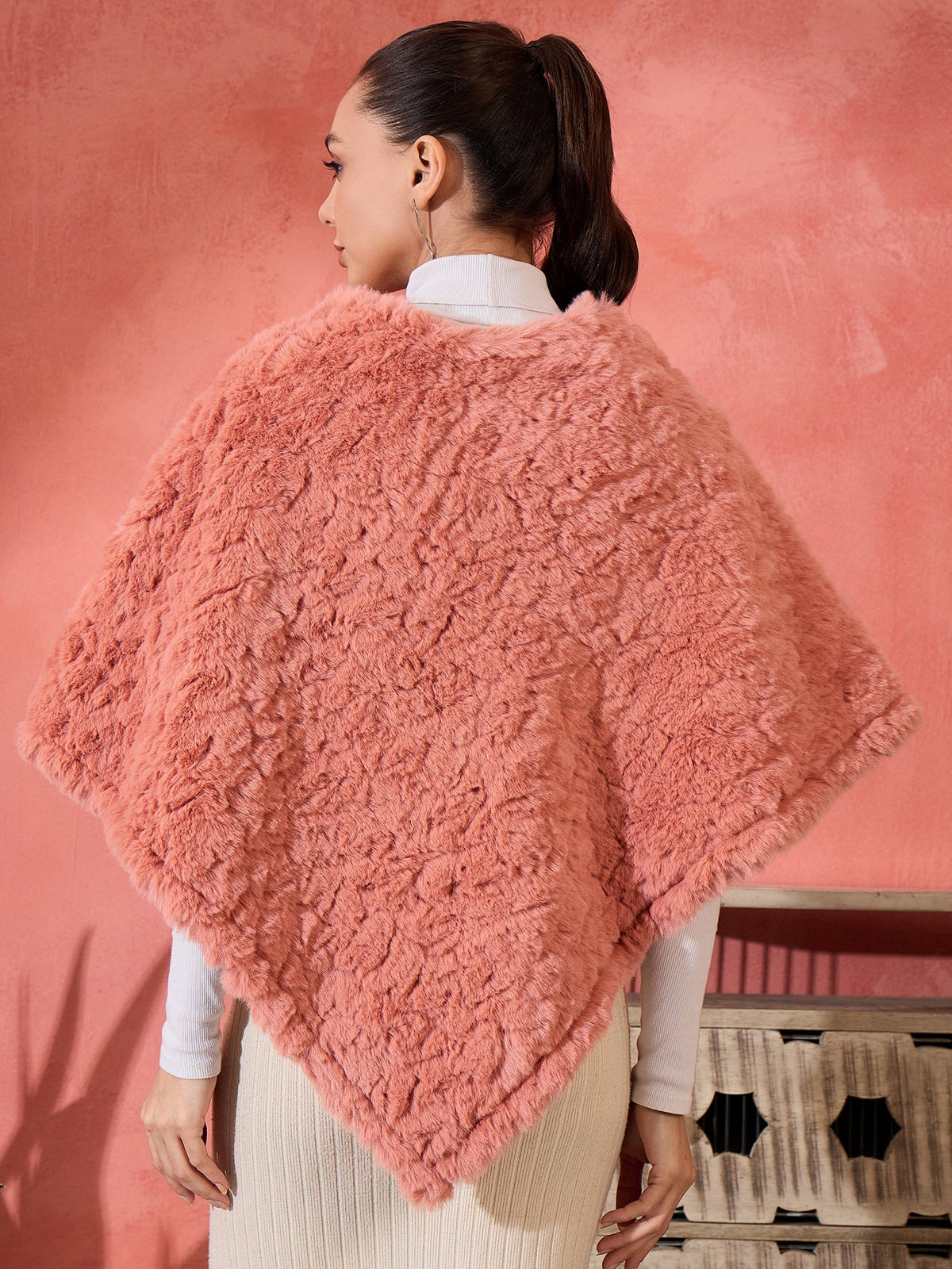 InWeave Coral Rabbit Faux Fur Poncho | Grocsy