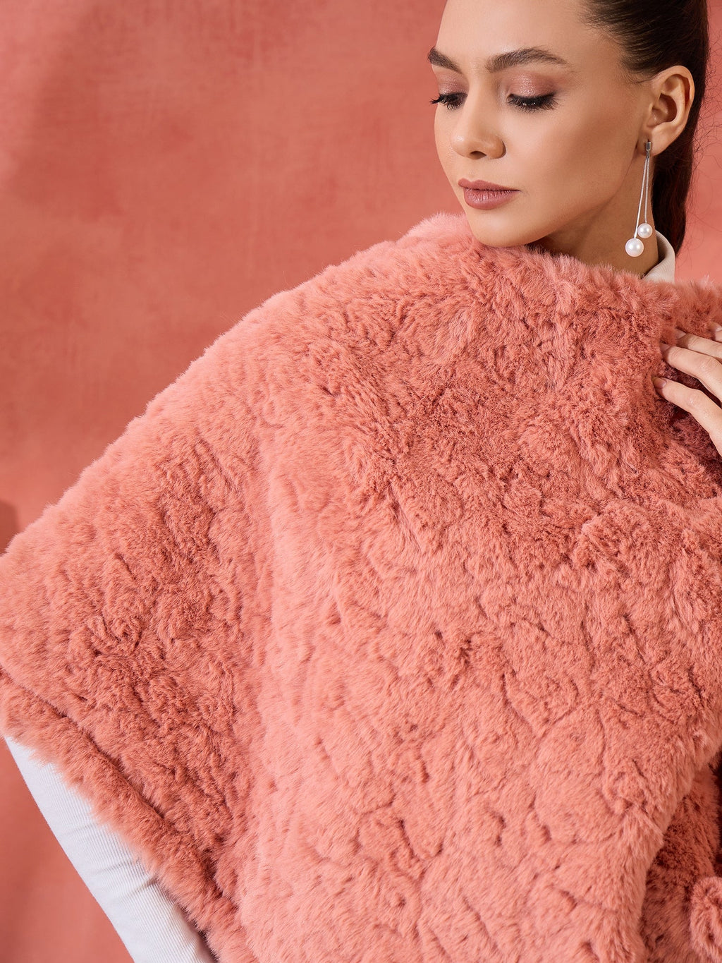 InWeave Coral Rabbit Faux Fur Poncho | Grocsy