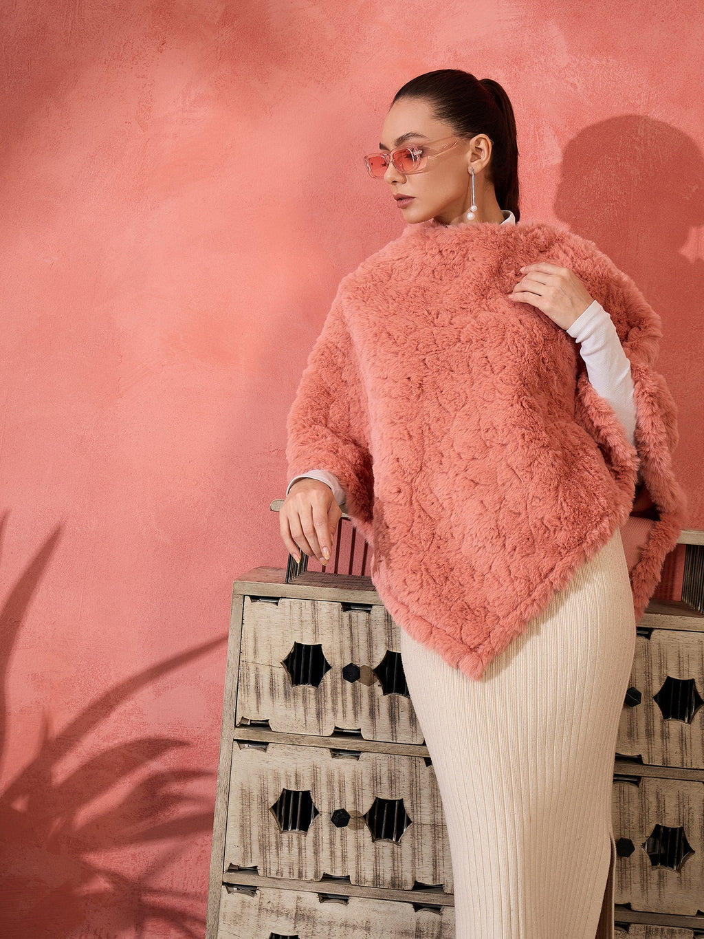 InWeave Coral Rabbit Faux Fur Poncho | Grocsy