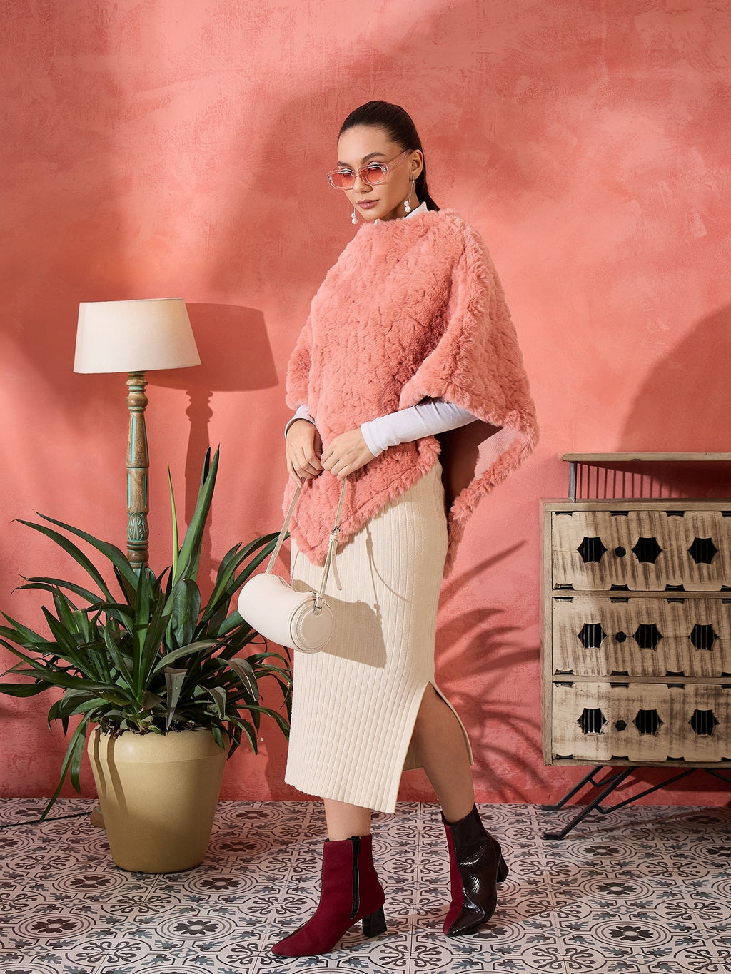 InWeave Coral Rabbit Faux Fur Poncho | Grocsy