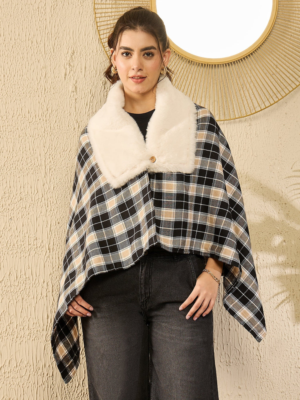 InWeave Black Beige Check Cream Fur Poncho | Grocsy